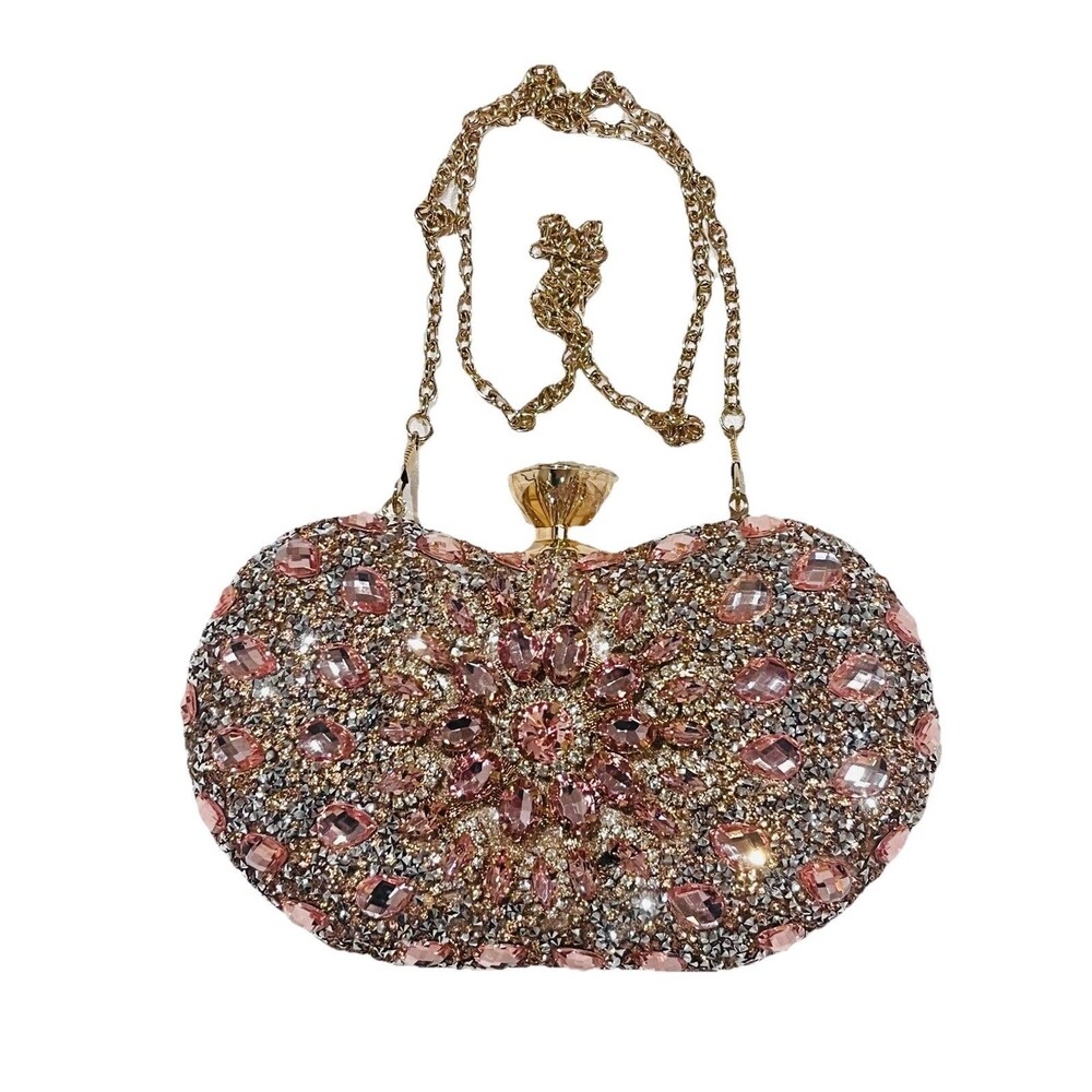 Pink Champagne Gold Clutch Purse Shoulder Bag 7 Inch Rhinestones Wedding Prom